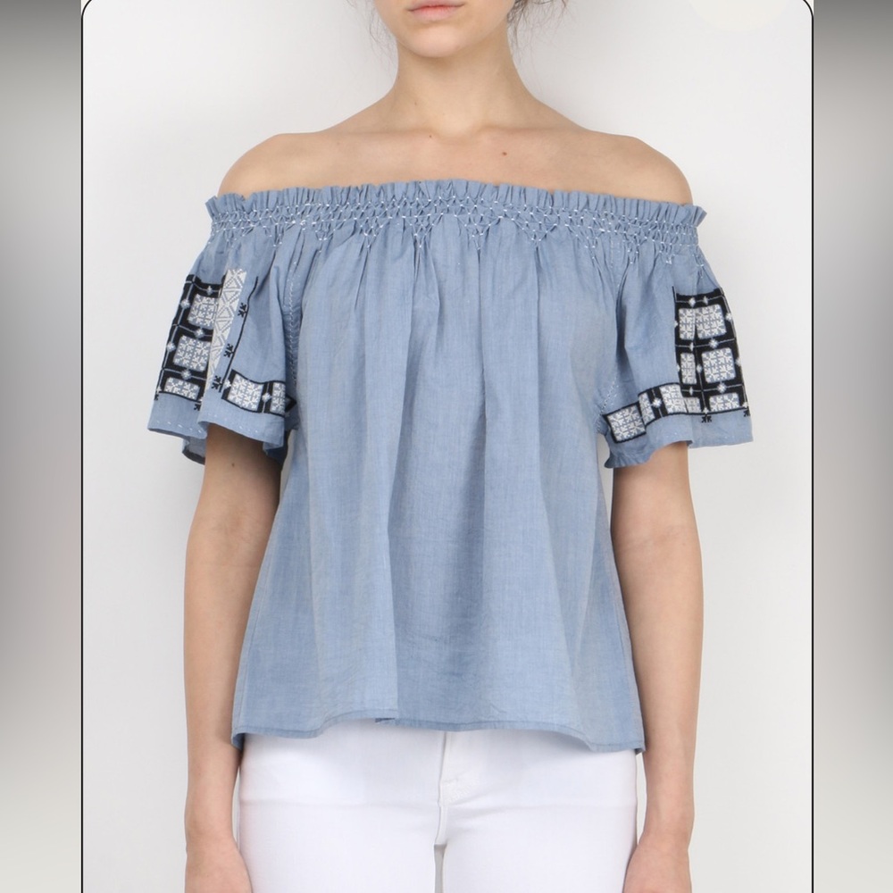 Ulla Johnson Milo Top Chambray Off Shoulder Embroidered Blouse size 4